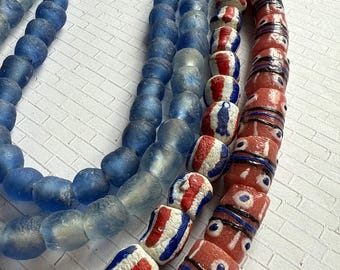 AFRICAN Krobo Bead Mix, 4 Full strands, blue red white, PLUS bonus vinyl strand for spacers, African Beads from Ghana, fast ship