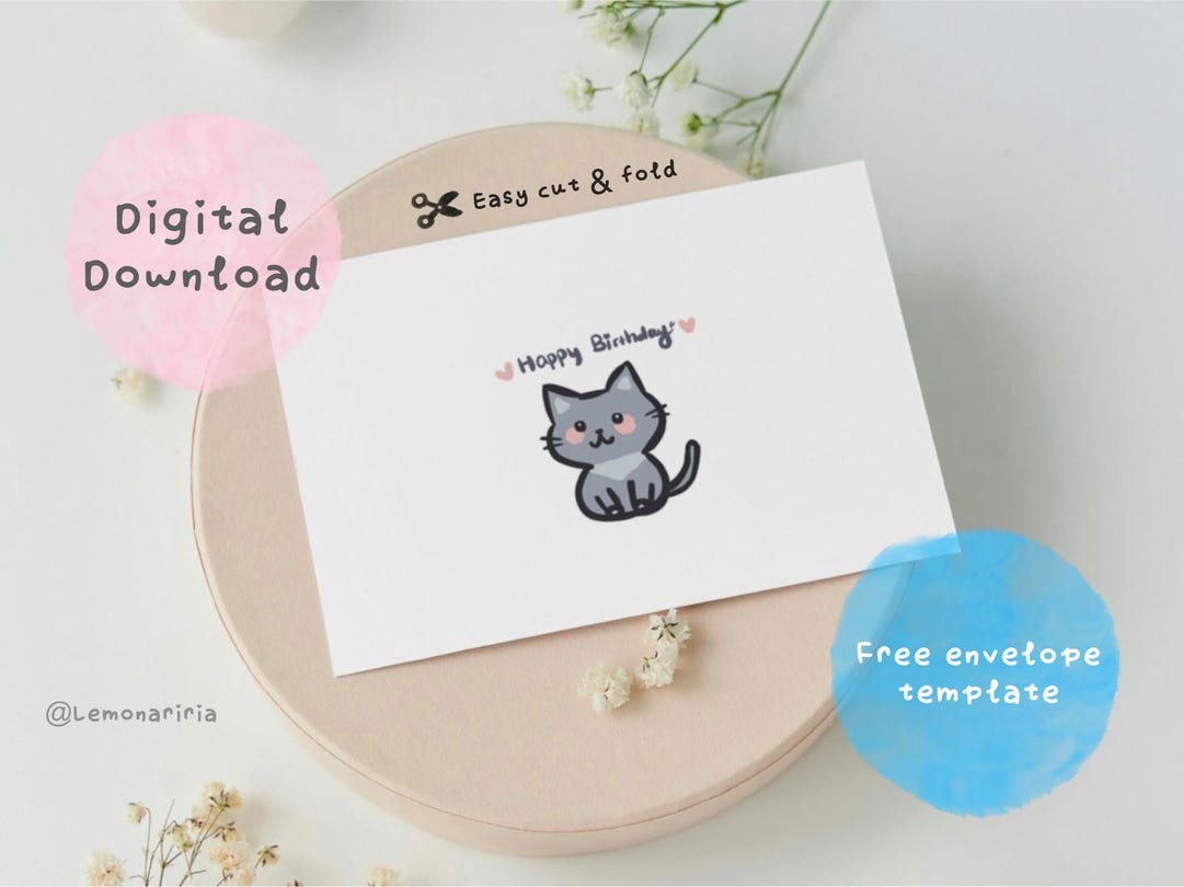 Printable Cute Minimalist Birthday Card With Grey Cat, Instant Download ...