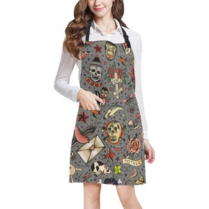 Old School Tattoos Adjustable Bib Apron - vintage tattoo flash - rose or gray or white background