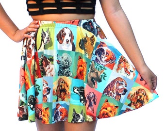 Vintage Paint by Number Dogs Skater Skirt - printed full-circle mini skirt - USA XS-3XL