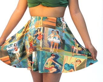 Vintage Paint by Number Dancers Skater Skirt - printed mini skirt - ballerinas fabric - USA XS-3XL