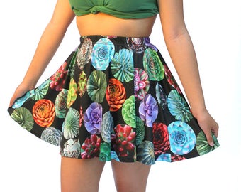 Succulents Skater Skirt - printed mini skirt - photographic graphic succulents - black or white background - USA XS-3XL