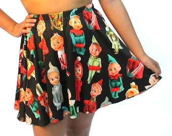 Retro Elves Skater Skirt - printed mini skirt - knee-hugging elves - 4 background colors - USA XS-3XL