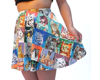 Vintage Paint by Number Cats Skater Skirt - printed mini skirt  - USA XS-3XL