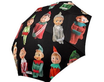 Vintage Christmas Elves Rain Umbrella - knee hugger elf foldable umbrella - black, white, red or green