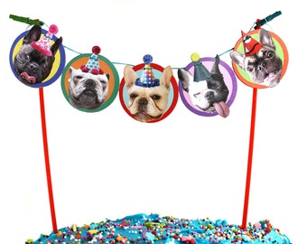 French Bulldogs Birthday Cake Garland - photo reproductions - funny Frenchie portraits birthday party bunting