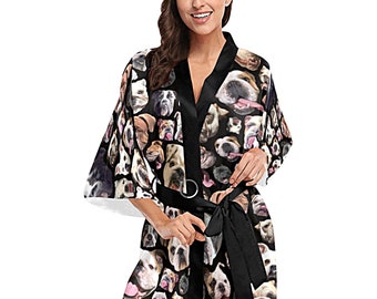 English Bulldogs Kimono Robe - printed women's bullie dog print short kimono bath robe - USA XS-2XL