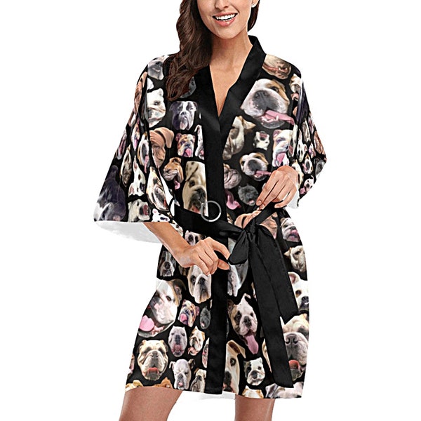 English Bulldogs Kimono Robe - printed women's bullie dog print short kimono bath robe - USA XS-2XL