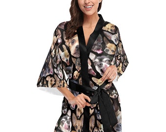 Chihuahua Design Kimono Robe - printed women's chichi dog print short kimono bath robe - USA XS-2XL