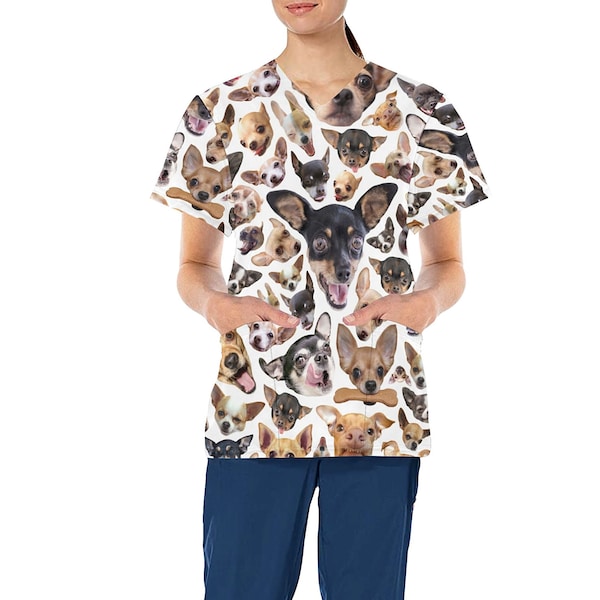 Chihuahua Design Medical Scrub Top - Nurse Vet Midwife Dental Uniform - V neck polyester scrubs with deep pockets - XS - 4XL
