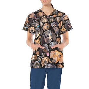 Dachshund Dog Design Medical Scrub Top Nurse Vet Midwife Dental Uniform V neck polyester scrubs with deep pockets XS 4XL black