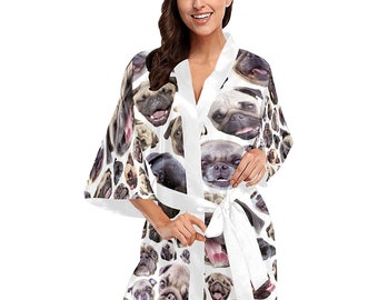 Pugs Kimono Robe - printed women's dog print short kimono bath robe - USA XS-2XL