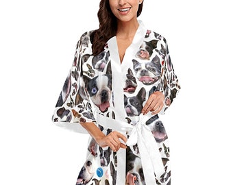 Boston Terrier Kimono Robe - printed women's bostie dog print short kimono bath robe - USA XS-2XL