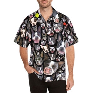 Boston Terrier Men's Shirt - casual button-down short sleeve with collar and chest pocket - printed photographic bostie heads  - USA S-5XL