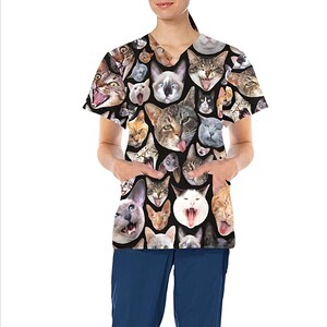 Cat Design Medical Scrub Top Nurse Vet Midwife Dental Uniform V neck polyester scrubs with deep pockets XS 4XL black