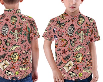 Tattoo Flash Kid's Shirt - casual button-down short sleeve with collar - child boy girl vintage tattoo shirt - USA  XS - 2XL