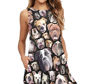 English Bulldog Sleeveless Trapeze Dress - round neck flare dress with side pockets - bullie dog a-line dress - USA XS-3XL