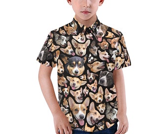 Corgi Dog Faces Kid's Shirt - casual button-down short sleeve with collar - child boy girl novelty dog shirt - USA  XS - 2XL