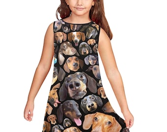 Dachshund Sleeveless Child's Dress - round neck pull-on shift dress - doxie dog dress - USA XS - XL kid girl size