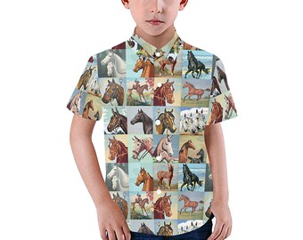 Paint by Number Horses Child's Shirt - casual button-down short sleeve shirt with collar - boy girl horse shirt - USA  XS - 2XL