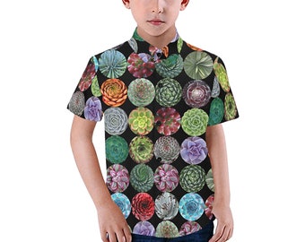 Succulent Design Kid's Shirt - casual button-down short sleeve with collar - child boy girl retro cactus fabric shirt - USA  XS - 2XL