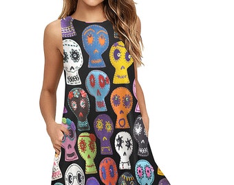 Sugar Skulls Sleeveless Trapeze Dress - round neck flare dress with side pockets - novelty Halloween fabric a-line dress