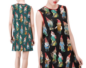 Vintage Gnomes Sleeveless Dress - round neck shift dress - garden gnome tunic - USA XS-2XL