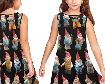 Sleeveless Child's Dress - round neck pull-on shift dress - vintage garden gnomes fabric tunic - USA XS - XL kid girl size