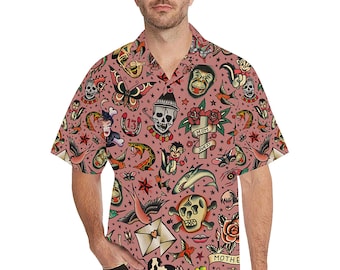 Vintage Tattoo Flash Men's Shirt - casual button-down short sleeve with collar and chest pocket - printed Hawaiian style - USA S-5XL