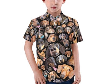 Dachshund Dog Faces Kid's Shirt - casual button-down short sleeve with collar - child boy girl novelty doxie dog shirt - USA  XS - 2XL