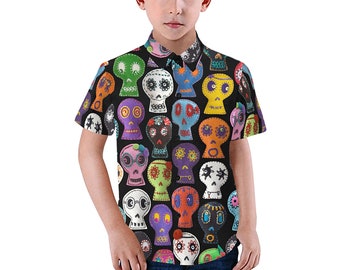 Day of the Dead Sugar Skull Kid's Shirt - casual button-down short sleeve with collar - child boy girl retro skull fabric shirt