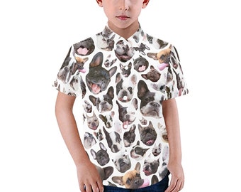 French Bulldog Dog Faces Kid's Shirt - casual button-down short sleeve with collar - boy girl child novelty frenchie dog shirt