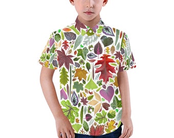 Leaves Design Kid's Shirt - casual button-down short sleeve with collar - child boy girl colorful leaf fabric shirt - USA  XS - 2XL