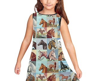 Sleeveless Child's Dress - round neck pull-on shift dress - paint by number horse western fabric tunic - USA XS - XL kid girl size