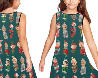 Sleeveless Child's Dress - round neck pull-on shift dress - vintage Christmas elves elf fabric tunic - USA XS - XL kid girl size