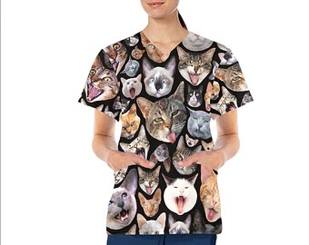 Cat Design Medical Scrub Top - Nurse Vet Midwife Dental Uniform - V neck polyester scrubs with deep pockets - XS - 4XL