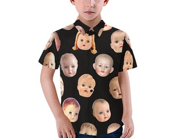 Creepy Doll Head Kid's Shirt - casual button - down short sleeve with collar - child boy girl novelty doll shirt - USA  XS - 2XL
