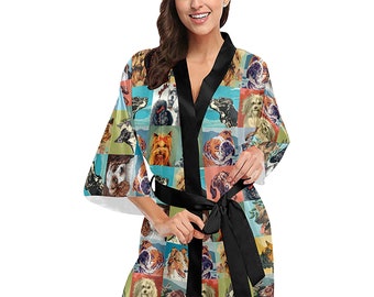 Paint By Number Dogs Kimono Robe - women's short kimono vintage PBN bath robe - USA XS-2XL
