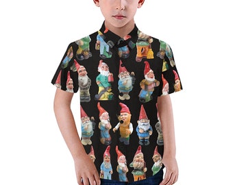 Vintage Garden Gnomes Kid's Shirt - casual button-down short sleeve with collar - child boy girl gnome shirt - USA  XS - 2XL