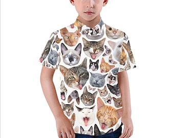 Funny Cat Faces Kid's Shirt - casual button-down short sleeve with collar - child boy girl novelty cat shirt - USA  XS - 2XL