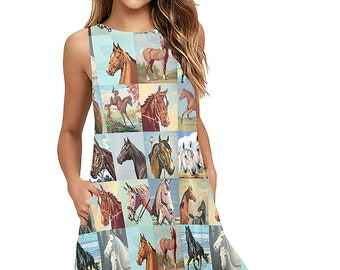 Paint by Number Horses Sleeveless Trapeze Dress - round neck flare dress with side pockets - pbn horse fabric a-line dress