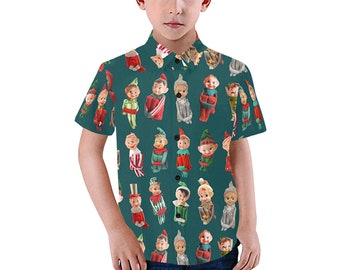 Vintage Christmas Elves Kid's Shirt - casual button-down short sleeve with collar - child boy girl elf shirt - USA  XS - 2XL