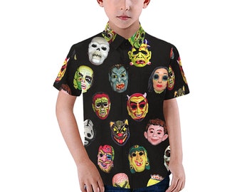 Vintage Halloween Masks Kid's Shirt - casual button-down short sleeve with collar - child boy girl retro mask shirt