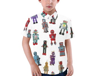 Vintage Robots Kid's Shirt - casual button-down short sleeve with collar - child boy girl retro robots shirt - USA  XS - 2XL