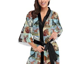 Paint By Number Horses Kimono Robe - women's short kimono vintage PBN bath robe - USA XS-2XL