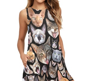 Cats Sleeveless Trapeze Dress - round neck flare dress with side pockets - cat fabric a-line dress - USA XS-3XL