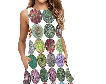 Succulent Design Sleeveless Trapeze Dress - round neck flare dress with side pockets - novelty cactus fabric a-line dress