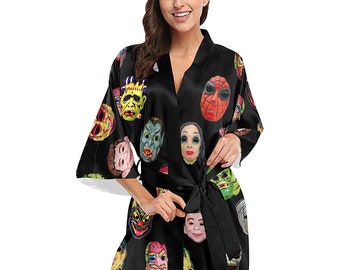 Vintage Masks Kimono Robe - women's Halloween print short kimono bath robe - USA XS-2XL