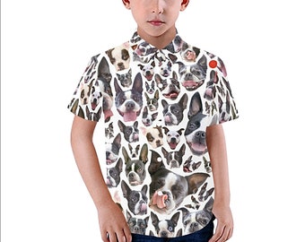 Boston Terrier Dog Faces Kid's Shirt - casual button-down short sleeve with collar - child boy girl novelty shirt - USA  XS - 2XL