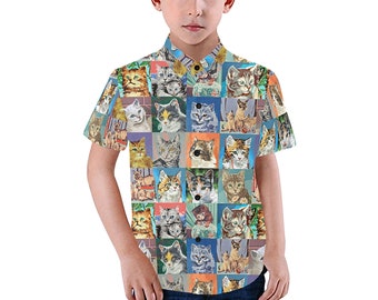 Paint by Number Cats Kid's Shirt - casual button-down short sleeve shirt with collar - child boy girl pbn cat shirt - USA  XS - 2XL
